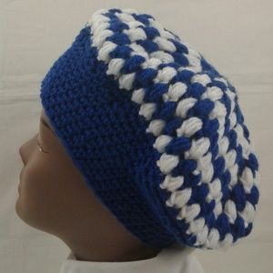 Women Tam Blue Hat Cap Knit Crochet Beanie